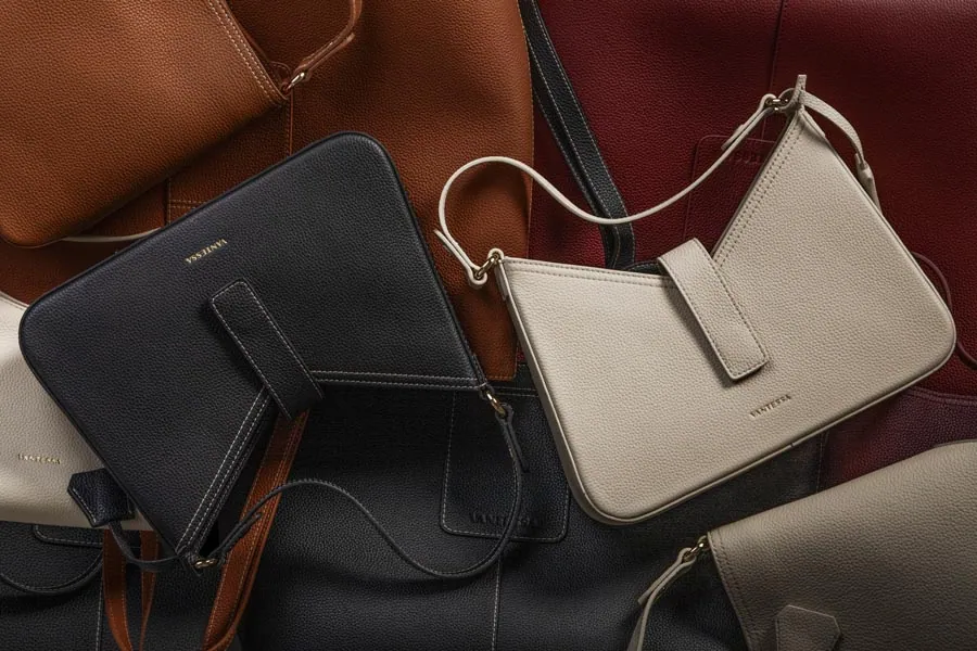 Leather handbags photographed on a minimal studio set